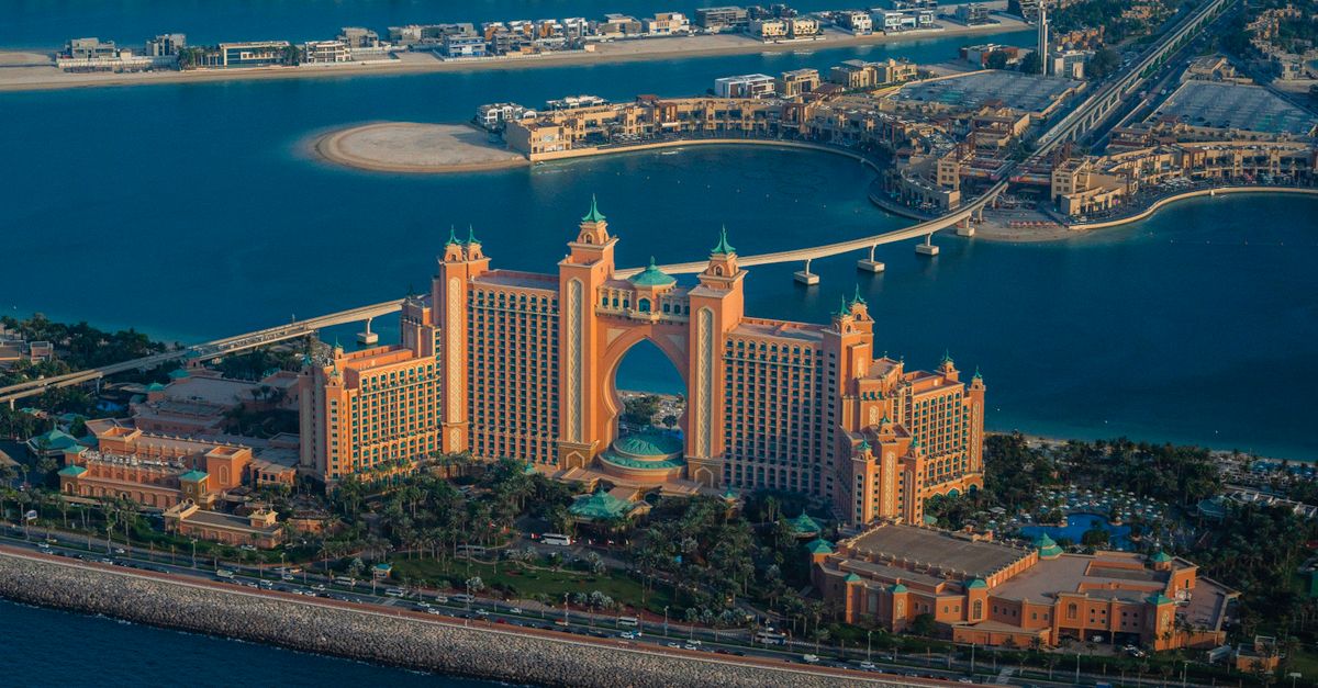 Aerial view of Atlantis The Palm on the crescent of Palm Jumeirah