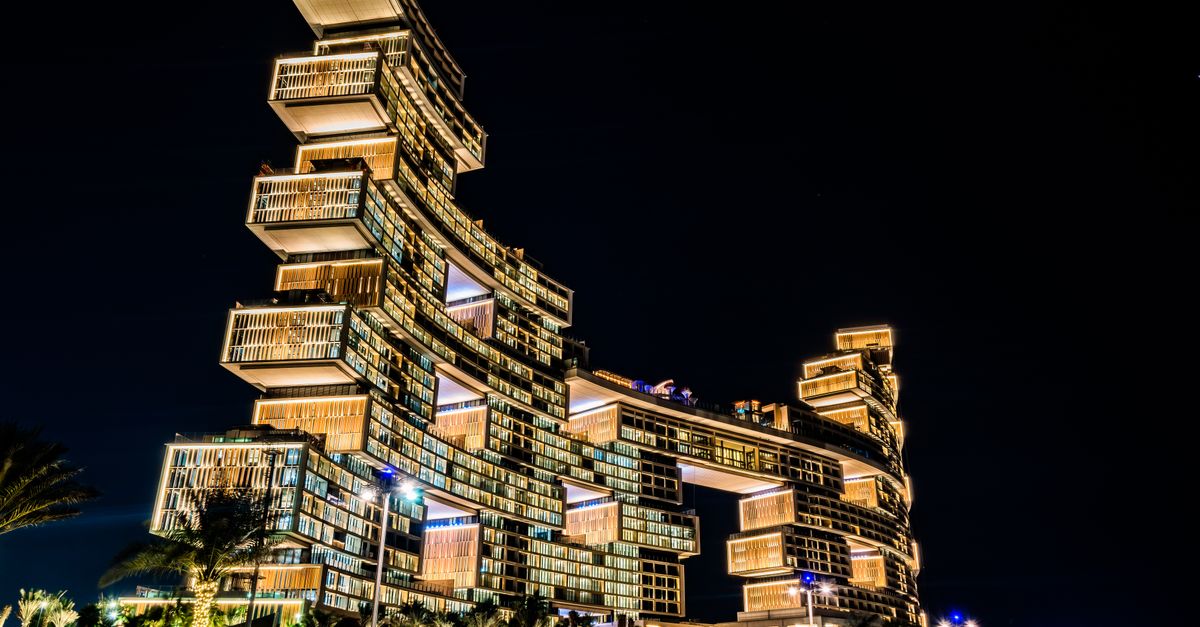 Atlantis The Royal on Palm Jumeirah lit up at night
