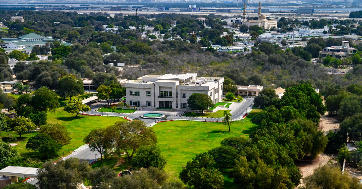 Aerial view of a green residential neighbourhood in Dubai under a clear sky