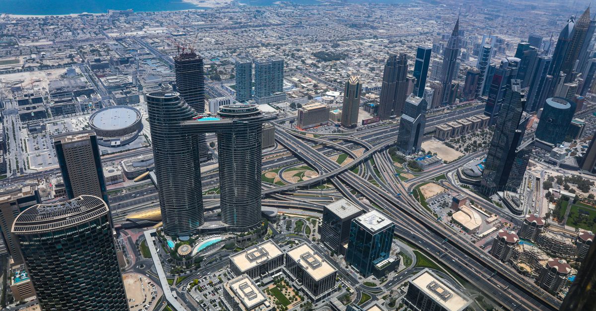 Aerial view of Downtown Dubai towers and roads on a clear day
